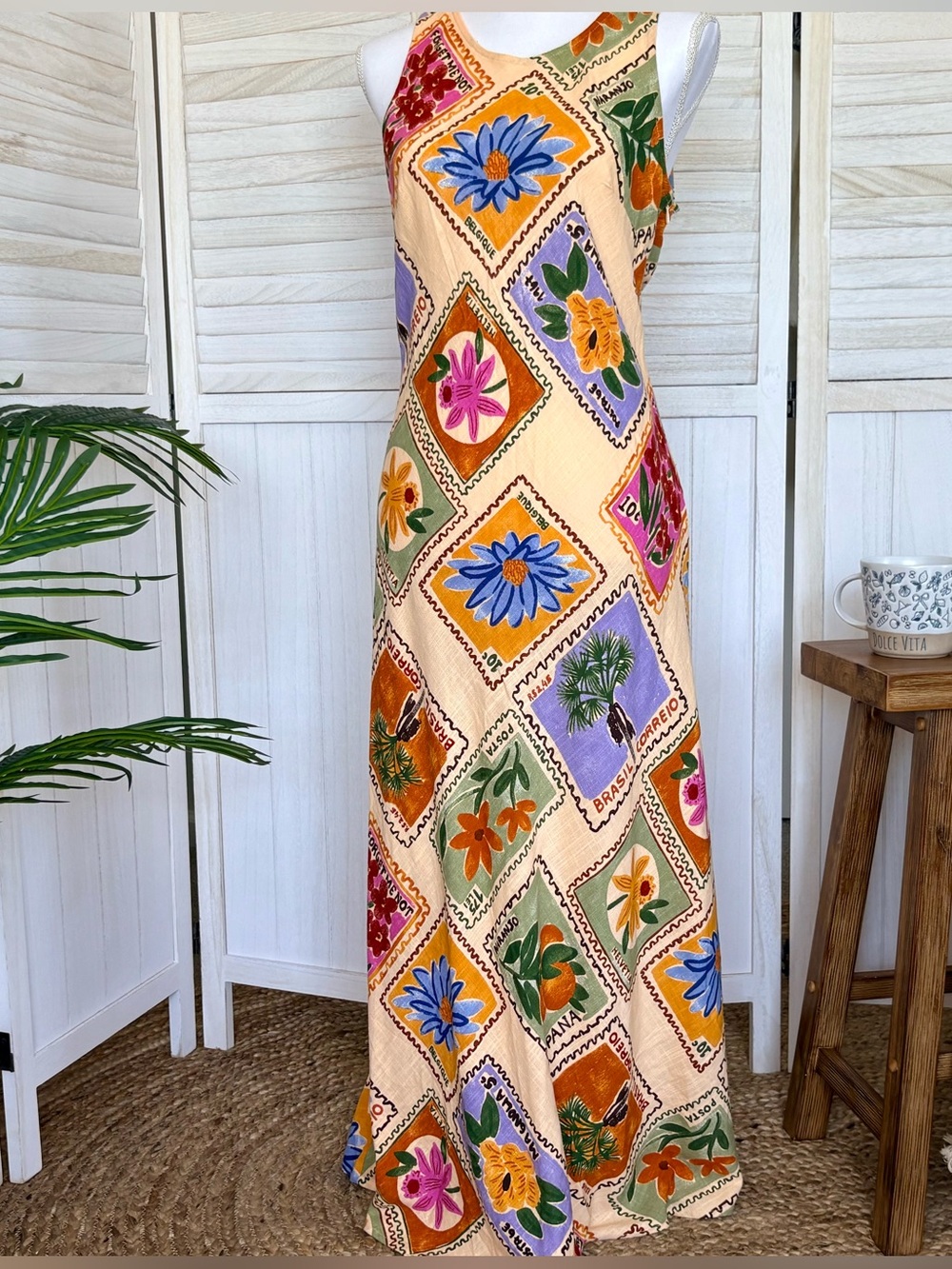 NWT Paper Heart Linen Blend Postcard Print Maxi Dress Open Back Size L